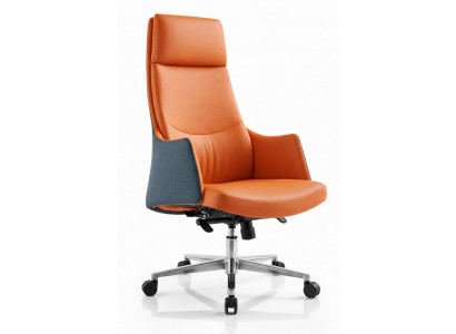 Ergonomischer Chefsessel mit luxuriösem Lederbezug in Orange und Blau