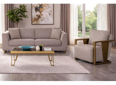 Beige Couchgarnitur Stilvoller 3-Sitzer Polstersessel Holz Couchtisch
