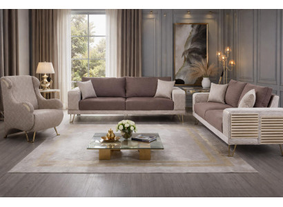 Elegantes Beiges Wohnzimmer Polster-Set 2x Edle 3-Sitzer Textilsessel