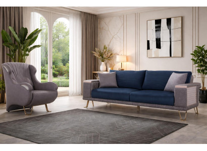 Blau-Beige Sofagarnitur Polstercouch Edle Wohnzimmer Sofas Sessel