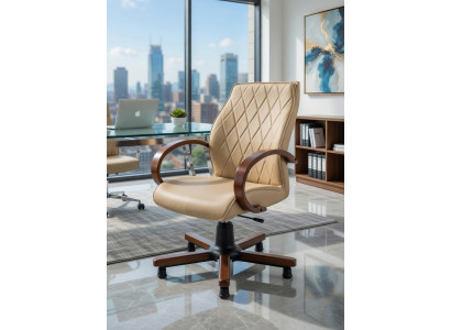 Beige Bürostuhl Mit Holzarmlehnen Und Ergonomie