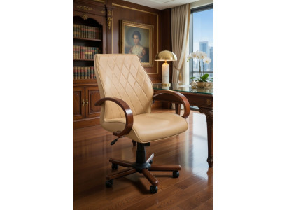 Eleganter Bürostuhl Beige Höhenverstellbar mit Holzarmlehnen
