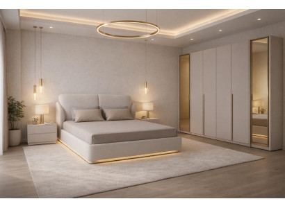 Luxuriöses beiges Schlafzimmer-Set weiches Bett stilvoller Kleiderschrank