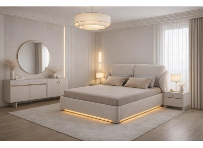 Luxuriöses Schlafzimmer-Set in Beige Bett stilvolle Kommode runder Spiegel