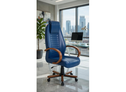 Bürosessel Blau mit Holzarmlehnen und Drehfunktion