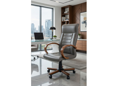 Ergonomischer Bürosessel Grau mit Kunstleder und Holzgestell