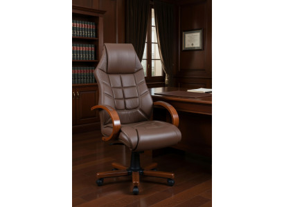 Bürosessel Kunstleder Braun mit ergonomischer Rückenlehne und Holzarmlehnen