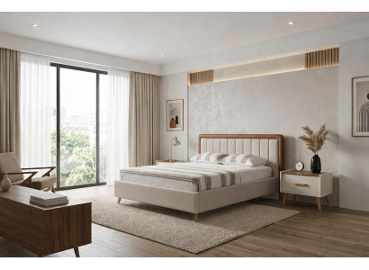 Elegantes weißes Schlafzimmer-Set weiches Bett  Holz-Nachttische Premium