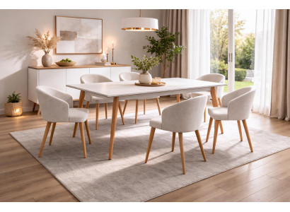 Stilvolles weißes Esszimmer-Set rechteckiger Esstisch gepolsterte Stühle