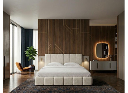 Beiges Schlafzimmer-Set  weiches Bett Holzkonsole Spiegel  Schlafzimmermöbel