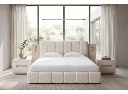 Elegantes beiges Schlafzimmer-Set großes Bett  Holz-Nachttische 3 tlg