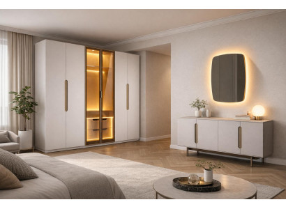 Luxuriöses Schlafzimmer-Set in Beige  großer Kleiderschrank  Konsole  Spiegel