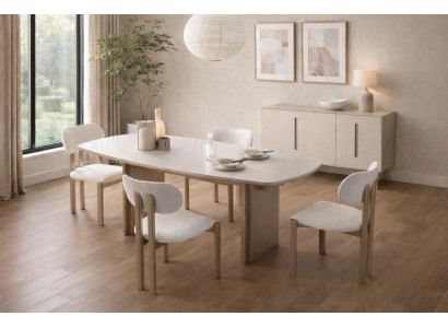 Moderne beigefarbene Esszimmergarnitur  Esstisch gepolsterte Stühle 5 tlg