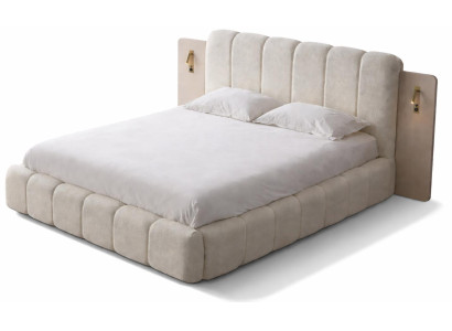 Beiges Bett  Doppelbett mit gepolstertem Kopfteil  Schlafzimmermöbel