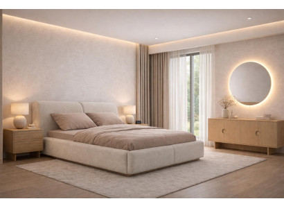 Modernes Schlafzimmer-Set in Beige  Bett  Holzkonsole  runder Spiegel