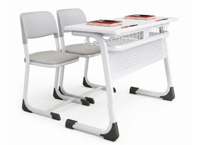 Modernes Schulmöbel Set mit stabiler Schulbank und grauen Stühlen