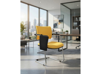 Komfortabler Bürosessel in Gelb mit stabiler Metallbasis und Rückenstütze