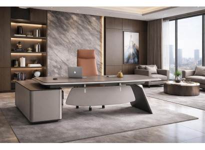 Designer Braun-Grauer Schreibtisch Robuster Holz Eckschreibtisch