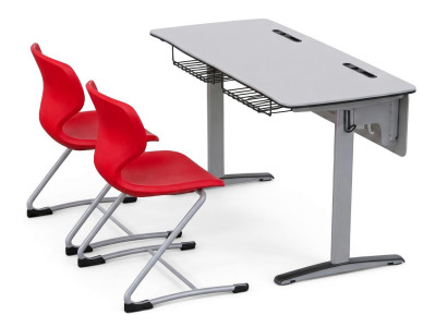 Ergonomische Schulbank mit zwei modernen Stühlen und Ablagekorb