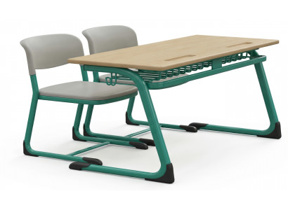 Moderne Schulbank mit zwei Stühlen und Ablage in Grün Holzdesign