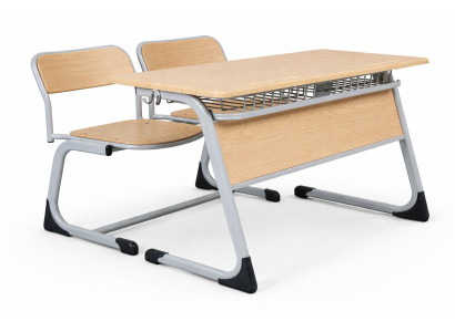 Moderne Schulbank mit Doppelstuhl und Ablage im stabilen Holzdesign