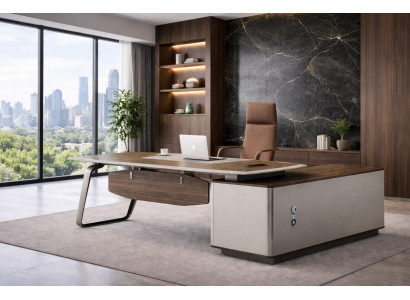 Braun-Grauer Schreibtisch Luxuriöser Eckschreibtisch Chefschreibtisch