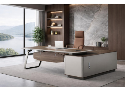 Braun-Grauer Cheftisch Luxuriöser Officetisch Edler Eckschreibtisch