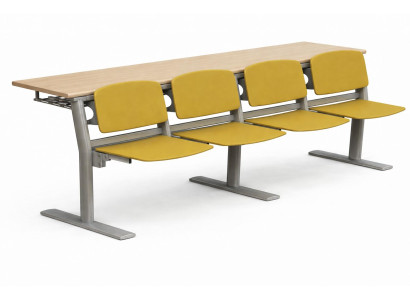 Modularer Schreibtisch mit gelben Sitzen und stabilem Metallgestell