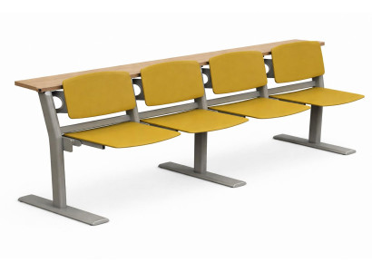 Modularer Schreibtisch mit gelben Sitzen und robustem Metallgestell