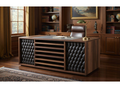 Modernes Büro Schreibtisch mit Lederfront und Holzregalen