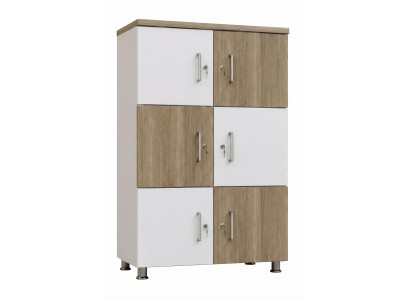 Schrank im modernen Design mit Holz- und Weiß-Elementen für Räume
