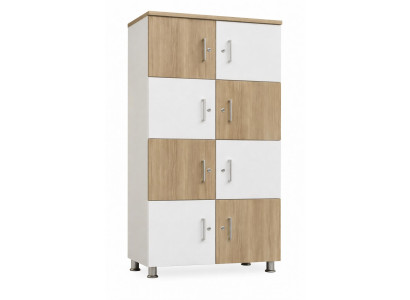 Moderner Schrank mit Holz- und Weiß-Elementen und praktischen Fächern