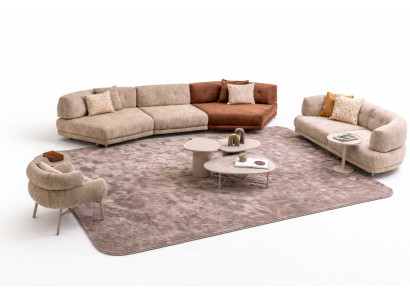 Beige Sofagarnitur 2x Sofas Polstersessel 4x Holz Couchtisch 7tlg.