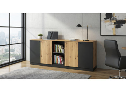 Moderne Konsole Holz Beige Schwarz mit offenen Fächern und Türen