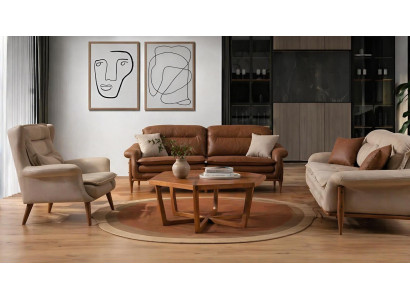 3-Sitzer Sofa und Sessel in Braun und Beige - Modernes Leder-Design
