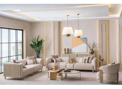 Luxus Beige Elegante Polstergarnitur mit Sofa Sessel und Couchtisch