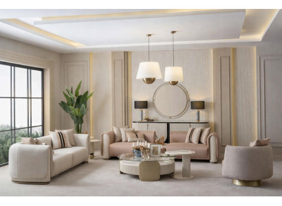 Stilvolles Beiges Wohnzimmer Set Designer 3-Sitzer Textilsessel Tisch