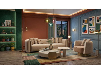 Luxuriöses Wohnzimmer-Set in Beige 3-Sitzer-Sofa Sessel Couchtisch