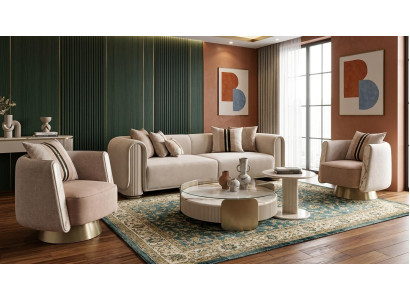 Exklusives Wohnzimmer Set: 3-Sitzer Sofa 2 Sesse Couchtisch Beistelltisch