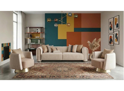 Modernes Beiges Wohnzimmer Set: 3-Sitzer-Sofa und 2 Loungesessel