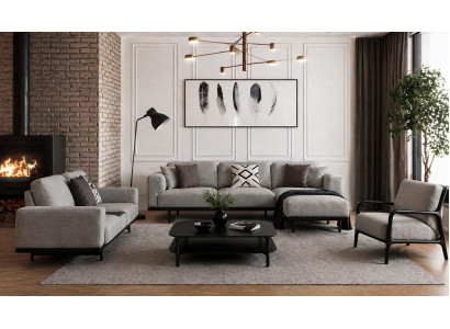 Polstergarnitur Ecksofa L-Form 3-Sitzer Sofa Sessel Grau Stoff