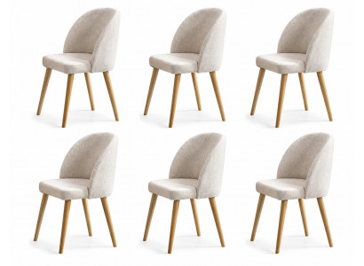 Set aus 6 modernen Esszimmerstühlen mit beige Polster und Holzbeinen