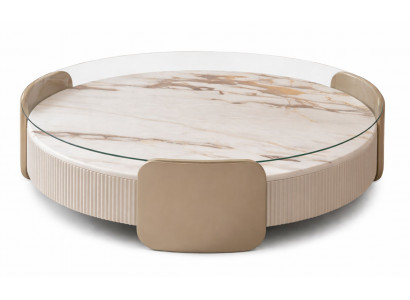 Beiger runder Couchtisch Tisch mit Glasplatte  Holztisch für das Wohnzimmer