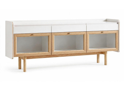 Moderne Sideboard-Konsole mit Glasfronten und Eichenholzbeinen