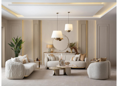 Beiges Wohnzimmer Set 3-Sitzer-Sofa Sessel Couchtisch Beistelltische