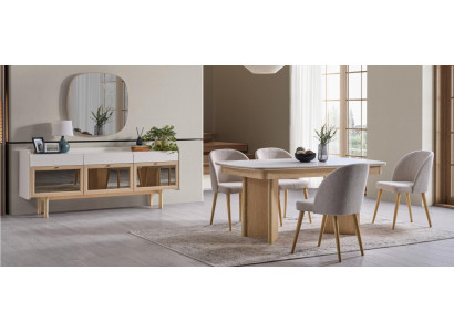 Modernes Esszimmer-Set mit Tisch, 4 Stühlen, Sideboard und Spiegel