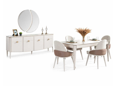 Esszimmer Set Esstisch mit 4x Stühle Holzmöbel Sideboard Luxuriöses Spiegel