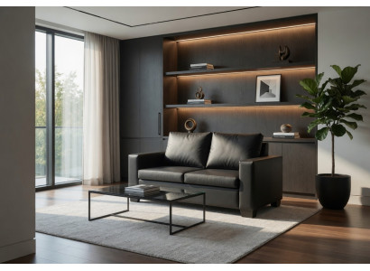 Stilvolles 2-Sitzer Sofa in Schwarz mit Kunstlederbezug und Komfortkissen