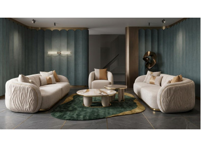 Luxus Beige 2x 3-Sitzer-Sofa Sessel und Couchtisch im modernen Design