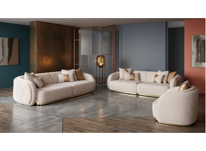 Beiges Designer-Wohnzimmer-Set 3-Sitzer-Sofa Sessel Wohnzimmermöbel